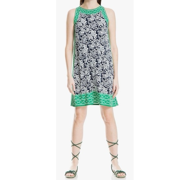 Max Studio Floral Print Matte Trapeze Jersey Mini Dress Pullover Blue Green S - Picture 1 of 11
